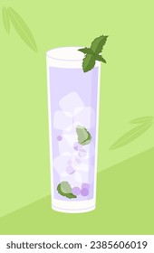 Alcoholic cocktail poster. Frozen and fresh liquid in glass. Tropical summer season beverage. Juice with mint. Cover or banner. Cartoon flat vector illustration isolated on red background