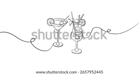 Alcoholic cocktail set glasses, continious line drawing. 
2 summer cocktail set outline. Vector illustration
