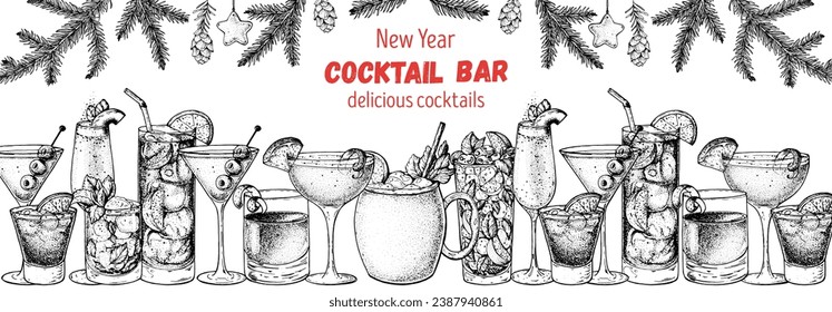 Alcoholic cocktail sketch. Christmas menu. Hand drawn vector illustration. Hand drawn drinks illustration. Cocktails set. New Year menu design elements.