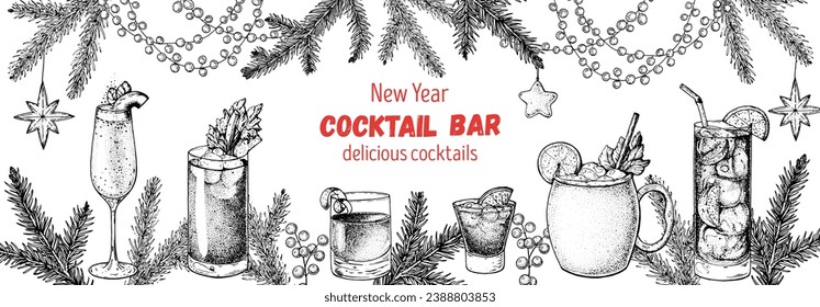 Alcoholic cocktail sketch. Christmas menu. Hand drawn vector illustration. Hand drawn drinks illustration. Cocktails set. Menu design elements.