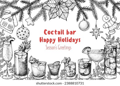 Alcoholic cocktail sketch. Christmas menu. Hand drawn vector illustration. Hand drawn drinks illustration. Cocktails set. New Year menu design elements.