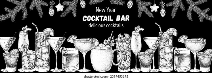 Alcoholic cocktail sketch. Christmas menu. Hand drawn vector illustration. Hand drawn drinks illustration. Cocktails set. New Year menu design elements.