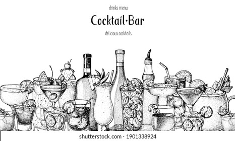 Alcoholic cocktail sketch. Hand drawn vector illustration. Hand drawn drinks illustration. Cocktails set. Menu design elements.