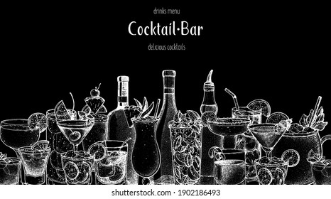 Alcoholic cocktail sketch. Hand drawn vector illustration. Hand drawn drinks illustration. Cocktails set. Menu design elements.