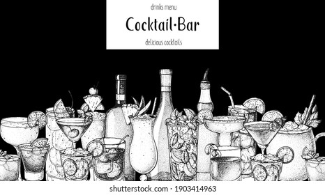 Alcoholic cocktail sketch. Hand drawn vector illustration. Hand drawn drinks illustration. Cocktails set. Menu design elements.