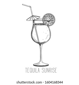 Alcoholic cocktail - tequila sunrise isolated on white background. Hand-drawn vector illustration