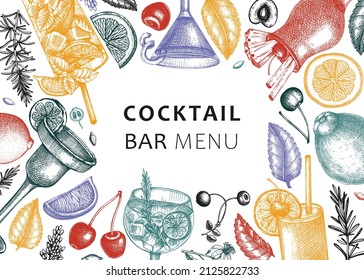 Alcoholic cocktails background. Glass of margarita, mojito, Pina colada, cosmopolitan, tequila sunrise banner design. Hand-sketched cocktails frame in color. Vector bar drinks illustration