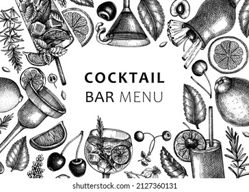 Alcoholic cocktails background. Glass of margarita, mojito, Pina colada, cosmopolitan, tequila sunrise banner design. Hand-sketched cocktails frame. Isolated black and white vector drinks illustration