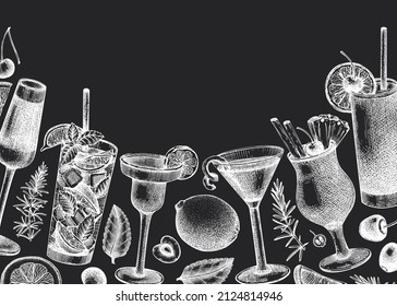 Alcoholic cocktails background on chalkboard. Glass of margarita, mojito, Pina colada, cosmopolitan, tequila sunrise design. Hand-sketched cocktails engraved drawings. Vector drinks illustration