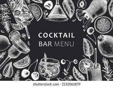 Alcoholic cocktails background on chalkboard. Glass of margarita, mojito, Pina colada, cosmopolitan, tequila sunrise design. Hand-sketched cocktails engraved drawings. Vector drinks illustration