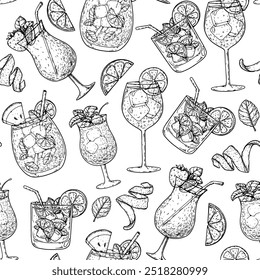 Alcoholic cocktails background. Seamless pattern. Hand drawn vector illustration. Cocktails sketch. Engraved style.