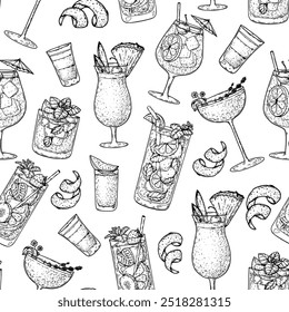 Alcoholic cocktails background. Seamless pattern. Hand drawn vector illustration. Cocktails sketch. Engraved style