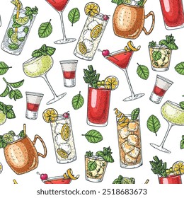 Alcoholic cocktails background. Seamless pattern. Hand drawn vector illustration. Cocktails design template