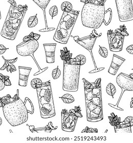 Alcoholic cocktails background. Seamless pattern. Hand drawn vector illustration. Cocktails sketch. Engraved style