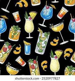 Alcoholic cocktails background. Seamless pattern. Hand drawn vector illustration. Cocktails design template