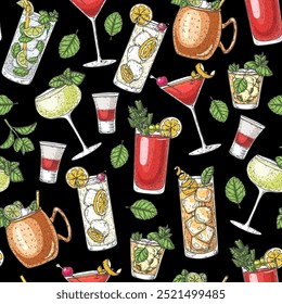 Alcoholic cocktails background. Seamless pattern. Hand drawn vector illustration. Cocktails design template