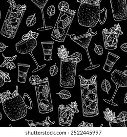 Alcoholic cocktails background. Seamless pattern. Hand drawn vector illustration. Cocktails sketch. Engraved style