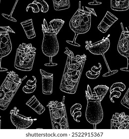 Alcoholic cocktails background. Seamless pattern. Hand drawn vector illustration. Cocktails sketch. Engraved style