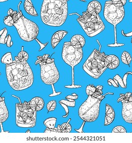 Alcoholic cocktails background. Seamless pattern. Hand drawn vector illustration. Cocktails sketch. Engraved style.