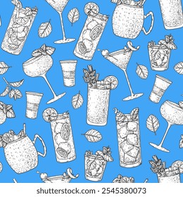 Alcoholic cocktails background. Seamless pattern. Hand drawn vector illustration. Cocktails sketch. Engraved style