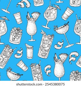 Alcoholic cocktails background. Seamless pattern. Hand drawn vector illustration. Cocktails sketch. Engraved style