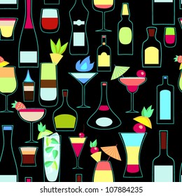 Alcoholic cocktails and bottles seamless pattern, vector