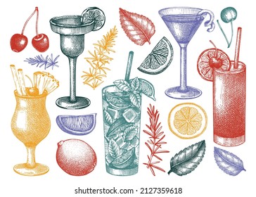 Alcoholic cocktails collection. Glass of margarita, mojito, Pina colada, cosmopolitan, tequila sunrise. Hand-sketched cocktails engraved drawings in color. Vector drinks illustration for bar menu.