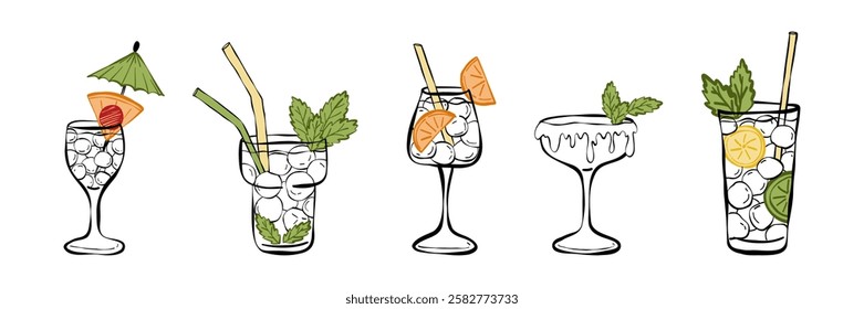 Alcoholic cocktails collection. Hand drawn line vector illustration.