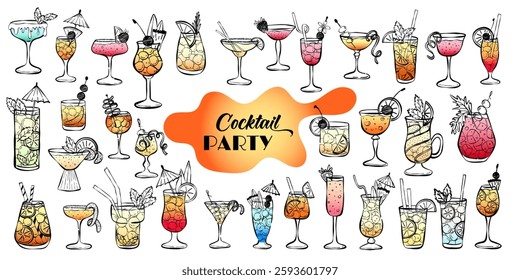 Coleção de coquetéis alcoólicos. Ilustração de vetor de linha desenhada à mão. Conjunto de esboços de gradiente colorido. Coquetéis tropicais e clássicos. Desenhos de rabisco para convites de coquetéis, café e restaurante