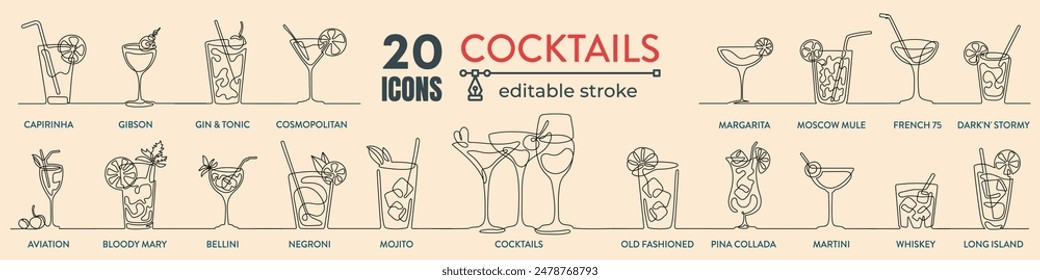 Alcoholic cocktails continuous line icon set. Simple outline cocktails icons isolated on white background. Set includes beer, mojito, whiskey. Icons set for restaurant, pub, bar. Vector illustration