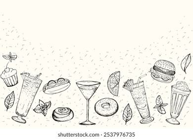 Cócteles alcohólicos y deliciosos bollos dulces de Ilustración vectorial dibujada a mano. Boceto de comida rápida. Estilo grabado. Hojas de menta de mano.