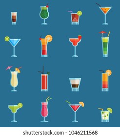 Alcoholic cocktails drinks vector fruit cold cosmopolitan, b-52, mohito, vodka freshness alcohol collection and party sweet tequila night club recipes illustration isolated