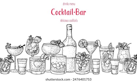 Alcoholic cocktails frame. Hand drawn vector illustration. Cocktails sketch set. Engraved style. Not AI