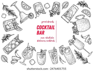 Alcoholic cocktails frame. Hand drawn vector illustration. Cocktails sketch set. Engraved style. Not AI