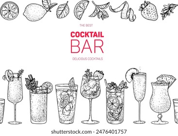 Alcoholic cocktails frame. Hand drawn vector illustration. Horizontal seamless pattern. Cocktails sketch set. Engraved style. Not AI