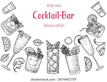 Alcoholic cocktails frame. Hand drawn vector illustration. Cocktails sketch set. Engraved style. Not AI 