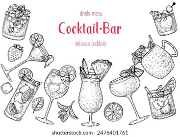 Alcoholic cocktails frame. Hand drawn vector illustration. Cocktails sketch set. Engraved style. Not AI