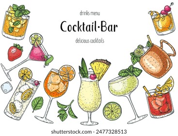 Alcoholic cocktails frame. Hand drawn vector illustration. Cocktails sketch set. Engraved style. Not AI