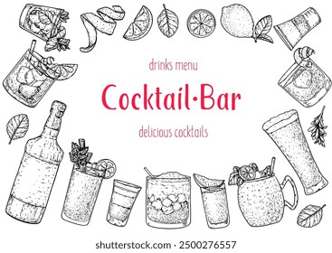 Alcoholic cocktails frame. Hand drawn vector illustration. Cocktails sketch set. Engraved style.