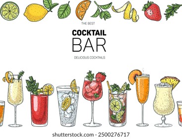 Alcoholic cocktails frame. Hand drawn vector illustration. Horizontal seamless pattern. Cocktails sketch set. Engraved style.