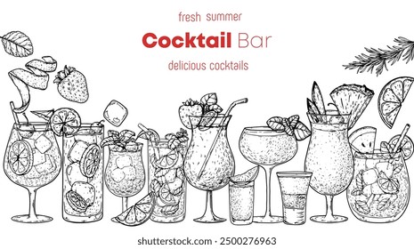 Alcoholic cocktails frame. Hand drawn vector illustration. Cocktails sketch set. Engraved style.