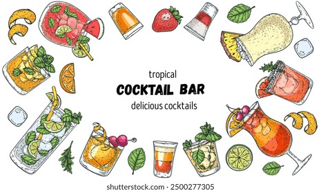 Alcoholic cocktails frame. Hand drawn vector illustration. Cocktails sketch set. Engraved style.