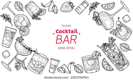 Alcoholic cocktails frame. Hand drawn vector illustration. Cocktails sketch set. Engraved style.