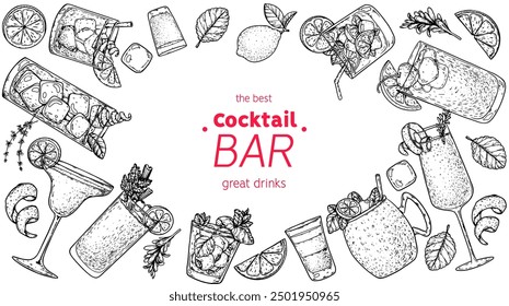 Alcoholic cocktails frame. Hand drawn vector illustration. Cocktails sketch set. Engraved style.