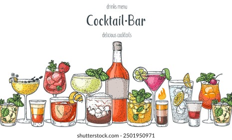 Alcoholic cocktails frame. Hand drawn vector illustration. Cocktails sketch set. 