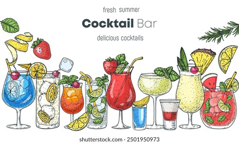 Alcoholic cocktails frame. Hand drawn vector illustration. Cocktails sketch set. Engraved style.