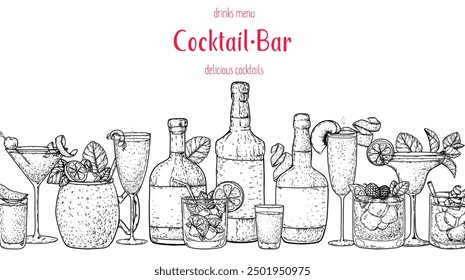 Alcoholic cocktails frame. Hand drawn vector illustration. Cocktails sketch set. Engraved style.