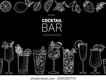 Alcoholic cocktails frame. Hand drawn vector illustration. Horizontal seamless pattern. Cocktails sketch set. Engraved style.