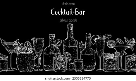 Alcoholic cocktails frame. Hand drawn vector illustration. Cocktails sketch set. Engraved style.