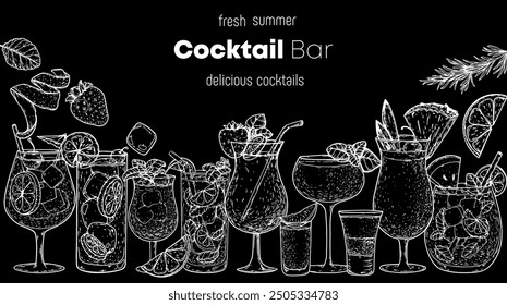 Alcoholic cocktails frame. Hand drawn vector illustration. Cocktails sketch set. Engraved style.